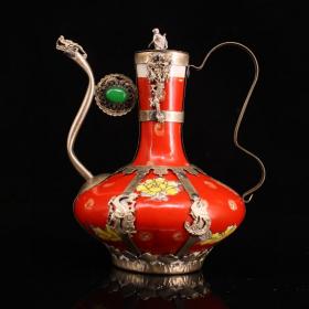旧藏乡下收白铜包瓷镶嵌宝石酒壶一把
高16厘米，直径11厘米，重368克