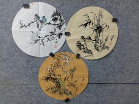 三张圆形花鸟合售