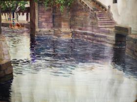 绍兴八字桥 1992年大山绘。风景油画一幅 尺寸画心64/50厘米