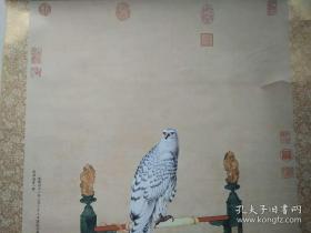 中西合璧绢本名画精心复制，180x99cm精裱装轴。
乾隆四十八年(西元1783)。达拉罕亲王。汪扎尔多尔济进白海青一架。架上白鹰，铁喙钩爪，羽毛雪白，模样形状威猛，深得写生之妙，此幅当是与郎士宁同时同地写生而成。两位画家从差别角度观察白鹰，并以传神伎俩写生下来。