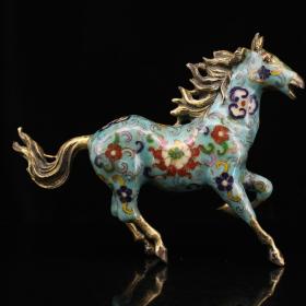 珍藏清代老纯铜纯手工打造景泰蓝鎏金俊马
重1105克  高18厘米  宽24厘米。