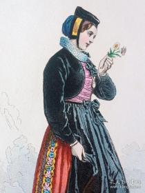 1875年原版钢版画，手工上色，瑞士阿尔卑斯山的美少女，出自法国画家，Louis Pauquet的绘画作品,纸张31*22厘米，十分精美。