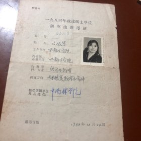 T201 八十年代中国林业厅党组成员、总工程师文振军攻读硕士学位研究生准考证，带相片