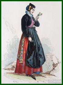 1875年原版钢版画，手工上色，瑞士阿尔卑斯山的美少女，出自法国画家，Louis Pauquet的绘画作品,纸张31*22厘米，十分精美。