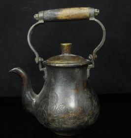 老黄铜茶壶茶具摆件， 尺寸19*15*10公分重量约856克