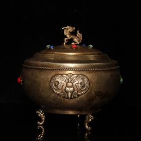 早期收藏 白铜镶嵌宝石盖罐，尺寸：长14厘米，宽14厘米，高12厘米，重345克