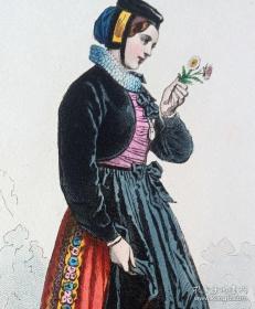 1875年原版钢版画，手工上色，瑞士阿尔卑斯山的美少女，出自法国画家，Louis Pauquet的绘画作品,纸张31*22厘米，十分精美。