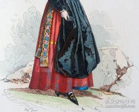 1875年原版钢版画，手工上色，瑞士阿尔卑斯山的美少女，出自法国画家，Louis Pauquet的绘画作品,纸张31*22厘米，十分精美。