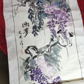 国画手绘，带布的纸，柜子里弄出来的，老旧污迹灰，铃印，两米左右，本人不识货，懂就拍吧。