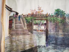 绍兴八字桥 1992年大山绘。风景油画一幅 尺寸画心64/50厘米