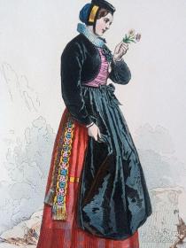 1875年原版钢版画，手工上色，瑞士阿尔卑斯山的美少女，出自法国画家，Louis Pauquet的绘画作品,纸张31*22厘米，十分精美。