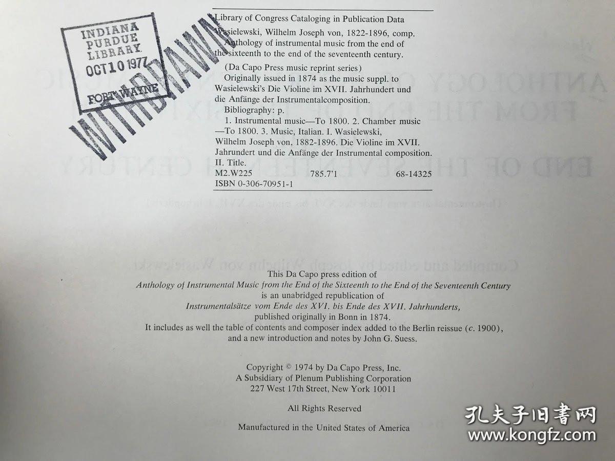 16世纪至17世纪，纯音乐乐谱选集， 漆布精装大16开，作者：Joseph Wilhelm，出版社：Da Capo Press，出版时间：1974，尺寸：31*23.5cm，页数：80，装帧：精装。