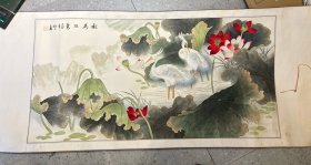 李霞精品工笔荷花雙鹭 约8平尺 保真 65