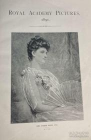 1891年英国皇家美术学院优秀作品集，三面刷金，灰蓝色布面烫金精装，大量精美插图和艺术画作。大小28x 22厘米， 正本120页，几乎每页都有当期的艺术作品，十分珍贵。