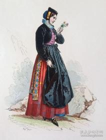 1875年原版钢版画，手工上色，瑞士阿尔卑斯山的美少女，出自法国画家，Louis Pauquet的绘画作品,纸张31*22厘米，十分精美。