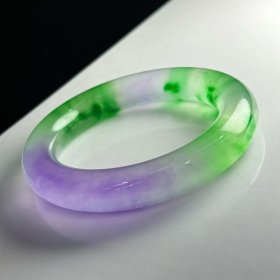 完美高冰种紫罗兰飘绿花翡翠圆条手镯