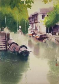 周荣宝《水乡》53×38.5cm 水彩  约1980年代