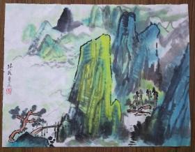 手绘真迹国画：手绘吉字印款《绿水青山》