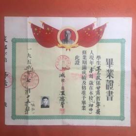 1956年毕业证书：甘肃省庆阳县初级中学校。校长：王德馨，学生：王志敬