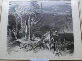 【百元包邮】《schwarzer see，湖光山色》 木刻版画 1880年 带卡纸装裱  （PM00155）