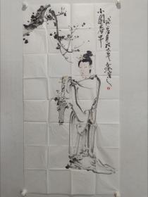 保真书画，河南名家张文江大写意人物画《小园春早》一幅，尺寸137×69cm