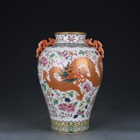 清乾隆珐琅彩描金龙凤纹双耳瓶