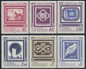 联合国1991，联合国邮政40年6全新，票中票三地各2枚6全新