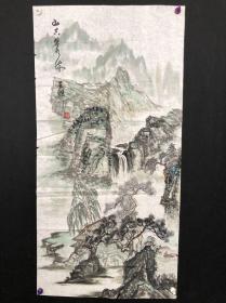 117河南画家王暉老师精品三尺整张山水软片
王晖，原名王霄辉，河南新乡人。当代画家，毕业于河南大学美术系，从师于金鸿均先生。原阳著名画家刘玉卿先生。及其人自幼临摹中国历代山水画大师精品。擅长传统山水画。写意花鸟，工笔花鸟。