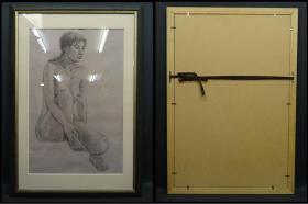 日本现代画家关义则 参展作品 素描 裸妇图 原裱带镜框