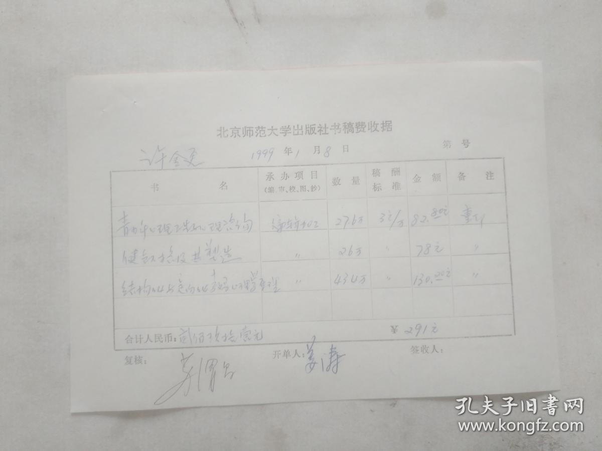 .北京师范大学出版社稿费收据《青年心理卫生与心理咨询》《健康性格及其塑造》《结构化学与定向化学心理学原理》编辑加工