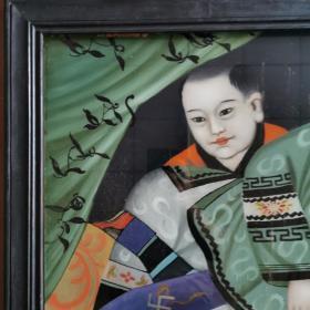 清代仕女童子图玻璃画古玩民俗人物故事古董装饰画怀旧老物件收藏