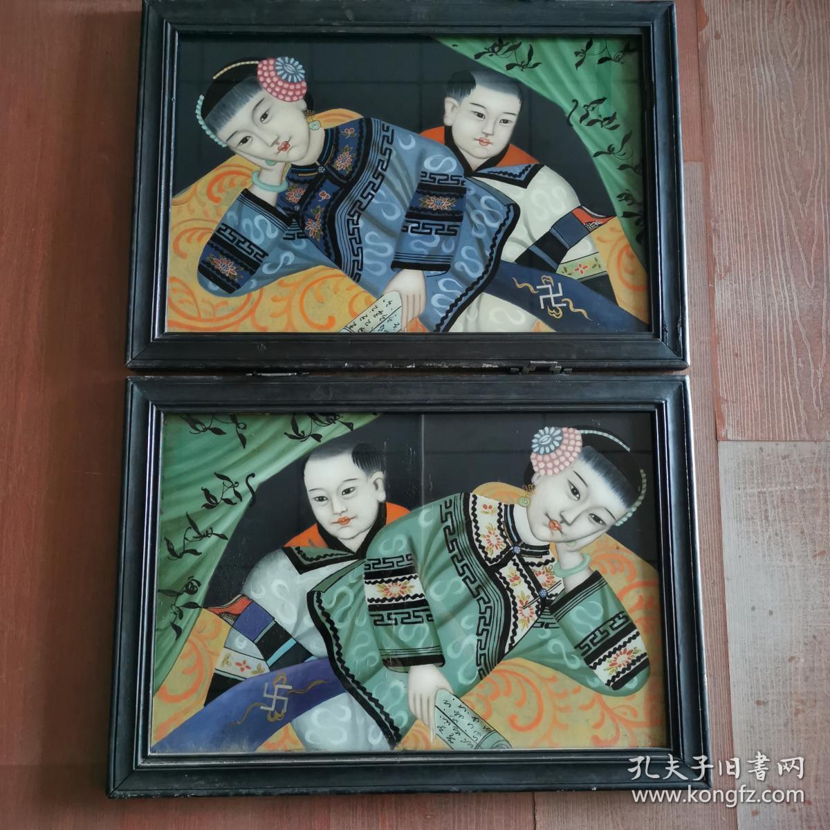 清代仕女童子图玻璃画古玩民俗人物故事古董装饰画怀旧老物件收藏