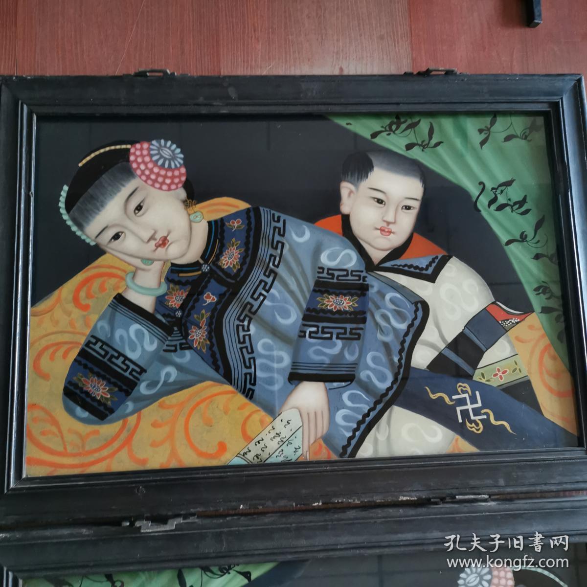 清代仕女童子图玻璃画古玩民俗人物故事古董装饰画怀旧老物件收藏