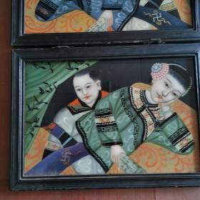 清代仕女童子图玻璃画古玩民俗人物故事古董装饰画怀旧老物件收藏