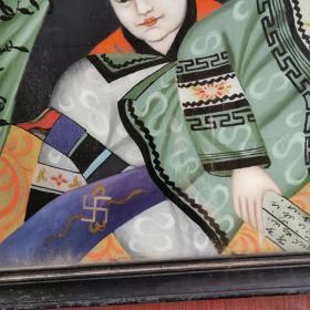 清代仕女童子图玻璃画古玩民俗人物故事古董装饰画怀旧老物件收藏