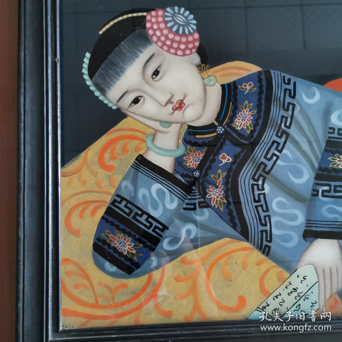 清代仕女童子图玻璃画古玩民俗人物故事古董装饰画怀旧老物件收藏