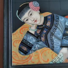 清代仕女童子图玻璃画古玩民俗人物故事古董装饰画怀旧老物件收藏