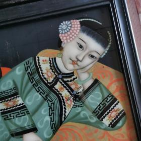 清代仕女童子图玻璃画古玩民俗人物故事古董装饰画怀旧老物件收藏