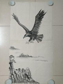 水墨国画《飞鹰图》立轴软片八九十年代（纸本尺寸: 106×52 cm）