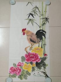 水墨国画《雄鸡图》立轴软片八九十年代（纸本尺寸: 106×52 cm）