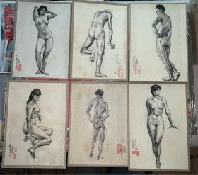 已故广州美术学院教授~卓朝晖老师--80年代人体素描6张合售。附画家受邀请帖和作者照片5张。保真！