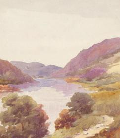 二十世纪初英国水彩原作 两张  春天河谷  Pair of 1939 Watercolours - Mountain Landscape with River