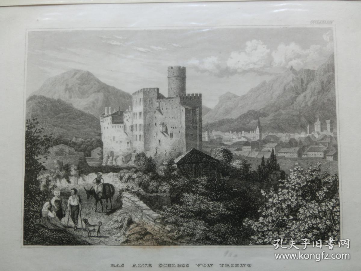 【百元包邮】《特里安古城堡》（DAS ALTE SCHLOSS VON TRIENT）钢版画 1859年 带卡纸装裱 （PM00744）