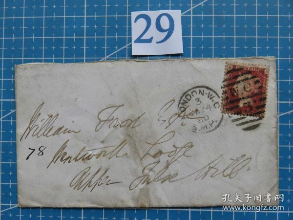 29.1880年1月24日（1d Red on Small Cover William Frost, Wentworth Lodge, Upper Tulse Hill）销第WC3号邮戳-红便士实寄封--早期邮展封-晚期型