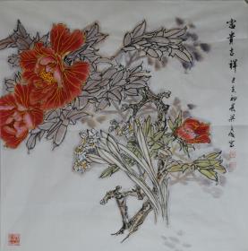 中国书画研究院山东会员梁老师.富贵吉祥.尺寸约68cm*68cm.宣纸画芯.赠送作品集彩页。