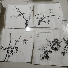 手绘真迹国画 ：天津书画家陈德胜《 梅 兰 竹 菊》 四幅 画