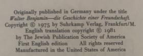 瓦尔特·本雅明—— 一段友情的历史   作者 Gershom Scholem (1897–1982)是 20世纪最重要的犹太学者。 品相很好 有一张藏书票