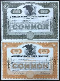 [老股票 美国 antique stock]  American Bank Note Company 1939年或1942年美国钞票公司股票一枚，少见。  雕刻版钱币级别精印， 25股或100股任选。  图片是两张合在一起的供挑选参考