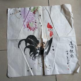 国家一级美术师，吴作人嫡传弟子 霍玉山 金鸡报福图 约48X19CM