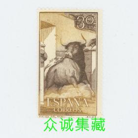 ^@^ 外国 1960 西班牙 动物 斗牛 绘画 雕刻版邮票新一枚 30cts